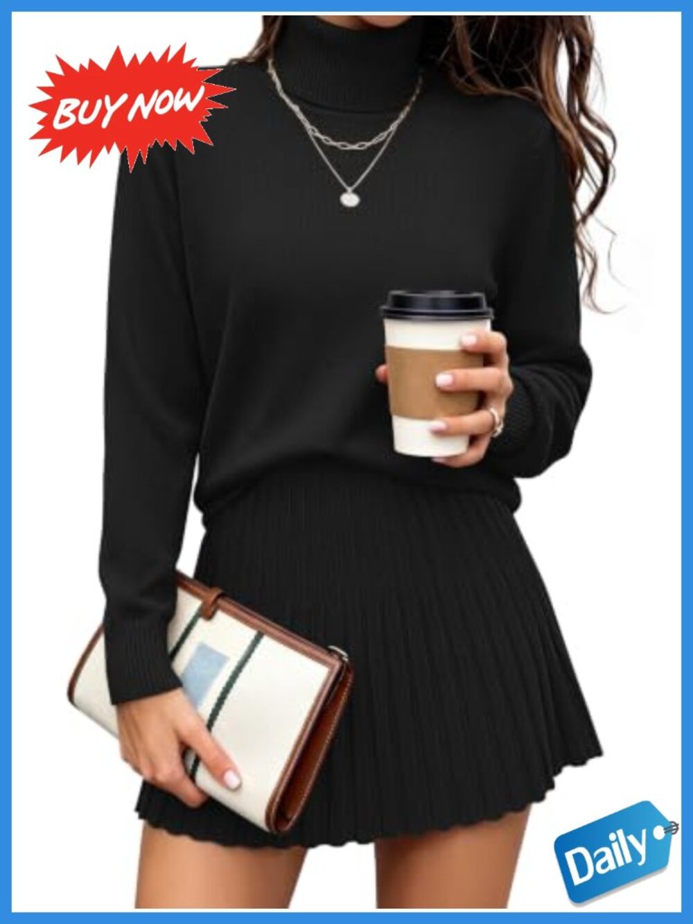 Turtleneck Sweater & Pleated Mini Skirt Set 2 Piece Knit Outfit
